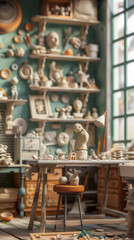 Ceramic Sculpting Studio with Art Supplies and Clay Models