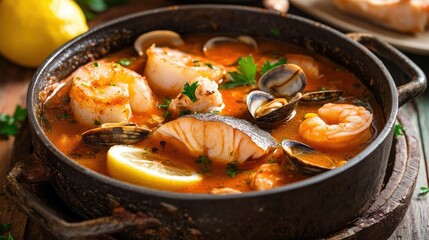A delectable seafood stew displayed in a rustic saucepan, featuring fresh fish, clams, and a flavorful broth, garnished with parsley