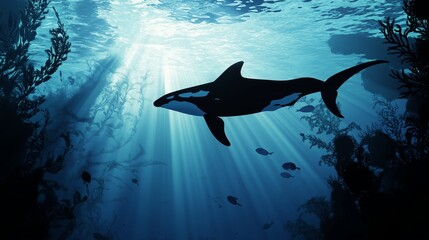 Orca swimming gracefully beneath sunlit ocean surface in a vibrant underwater environment
