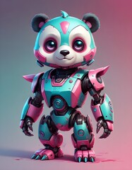 A cute and teal robot panda with large expressive eyes, a triangular nose, and various mechanical details on its body