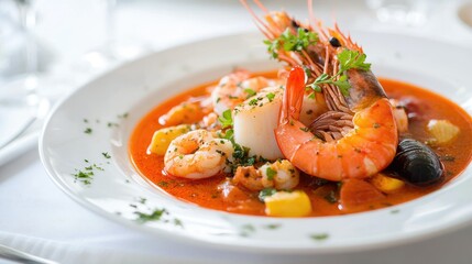 A delightful presentation of red bouillabaisse soup brimming with seafood, elegantly served in a white plate,0f