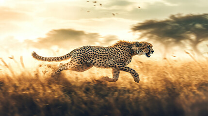 Fototapeta premium A vibrant wildlife photograph of a cheetah running across the savannah at top speed.