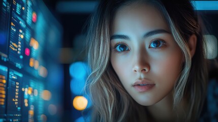 Focused woman looking at digital data screen, illuminated by futuristic holographic interface. Concept of technology, innovation, artificial intelligence, and big data visualization