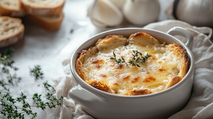 A heartwarming bowl of French onion soup with crispy bread and melted cheese, placed on a table with a light, airy background for ideal copy space and marketing purposes.