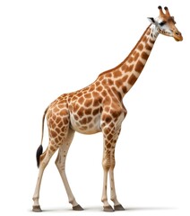 Fototapeta premium A tall, adult giraffe with a long neck and spotted fur standing against a plain white background