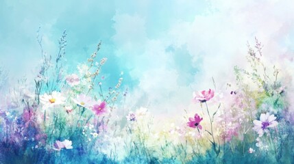 Wildflowers in watercolor style against a bright blue sky, Ai Generation