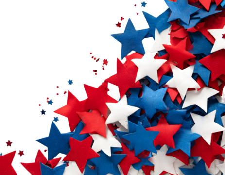 Red Blue White Stars Confetti on a white isolated background. Generative AI.