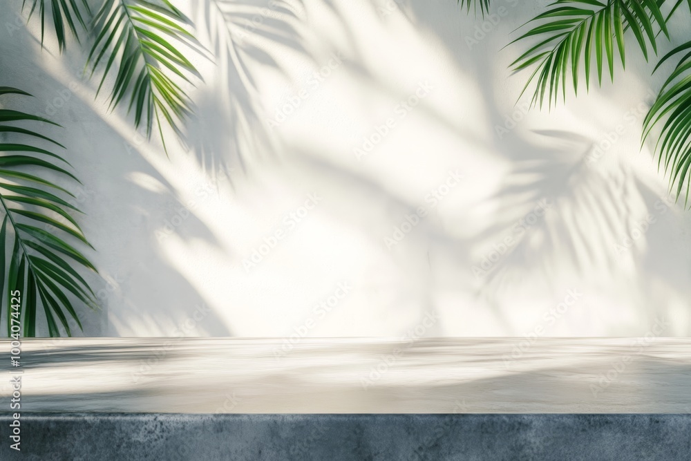 Poster an example of a mockup product display with a marble table with tree shadows on white walls