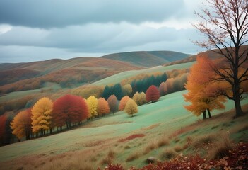 A serene autumn landscape with rolling hills, trees, and falling leaves in shades of orange, yellow, and red against a pale sky