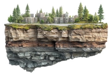 Floating island, city skyline, lush green forest, exposed underground rock, contrast between nature and urban, surreal landscape, fantasy world, environmental concept, isolated ecosystem