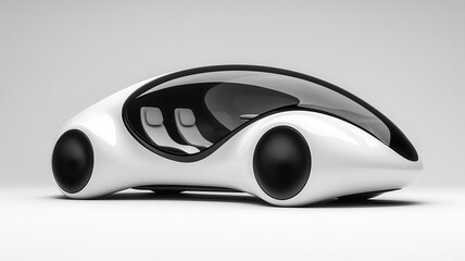 Futuristic electric vehicle with autonomous driving, showcasing minimalist design, leather seats, and a central digital hub for passenger interaction, 3D illustration