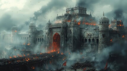 ancient buildings weathered by time surrounded by battle scenes depicting historic wars the composition captures the contrast of peace and conflict within an atmospheric backdrop