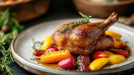 A serving of traditional French duck confit with crispy skin, resting on a plate with vibrant vegetables, captured in natural light for a warm culinary presentation.