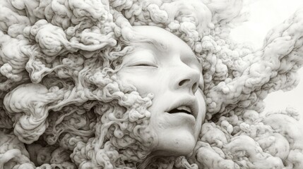 Fototapeta premium A black and white photo of a woman's face covered in smoke, AI