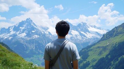 Naklejka premium Man Admiring Majestic Mountain Range