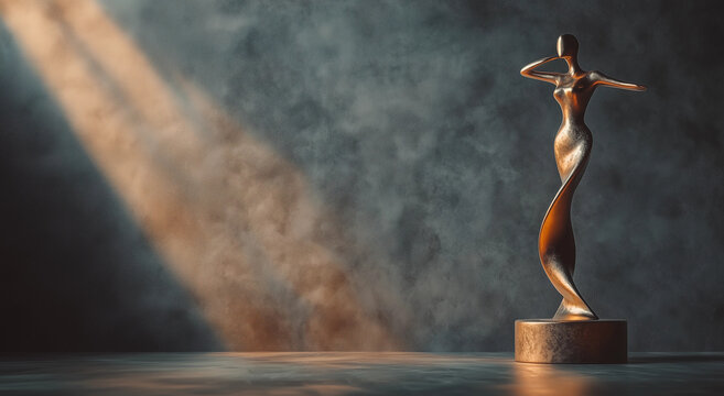 Bronze artistic dance woman pose trophy award achievement victory elegance modern abstract sculpture dramatic spotlight moody stylish cinematic shadows contrast banner copy space blank grey background