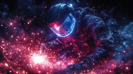 Engaged astronaut creating sparks with high precision