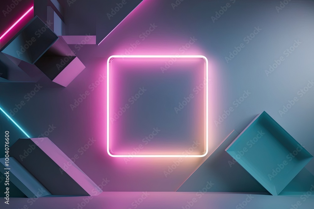 Poster 3D Render of an Abstract Geometric Background with a Neon Square Frame Glowing in Gradient Light for Product Presentation