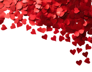 Red hearts confetti on a white isolated background. Generative AI.