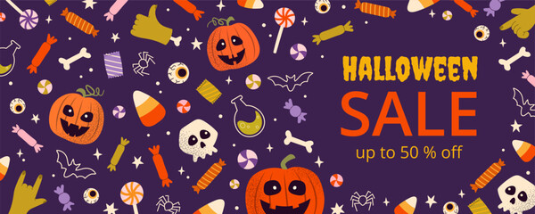 Horizontal Sale banner for Halloween on violet background. Abstract hand drawn colorful pumpkins, candies, skull and zombie hands. Template for wallpaper, cover, label, advertising, web