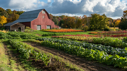 A vibrant vegetable garden alongside a barn