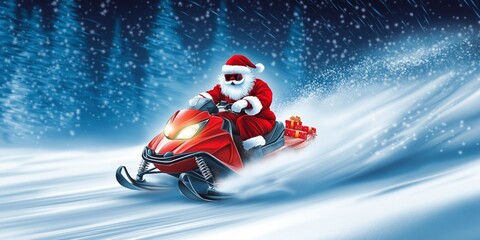 A red snowmobile with Santa Claus riding it. The snowmobile is in motion, and the scene is set in a snowy environment