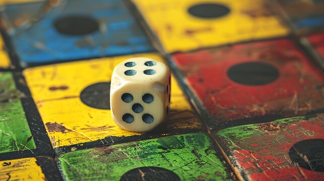 Parcheesi board game detail with dice and game piece