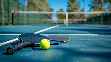 Pickleball paddles and a ball low angle on an empty outdoors court at a public park