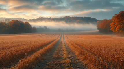 Naklejka premium autumn field, soft golden light, nature, fall, trees, countryside, landscape, seasonal background, wallpaper, season, harvest, yellow grass, foliage, leaves, sky, sunset