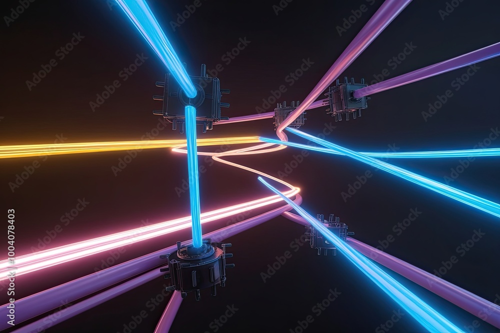 Poster vibrant 3d artwork featuring illuminated constructs and twisting light trails on dark background