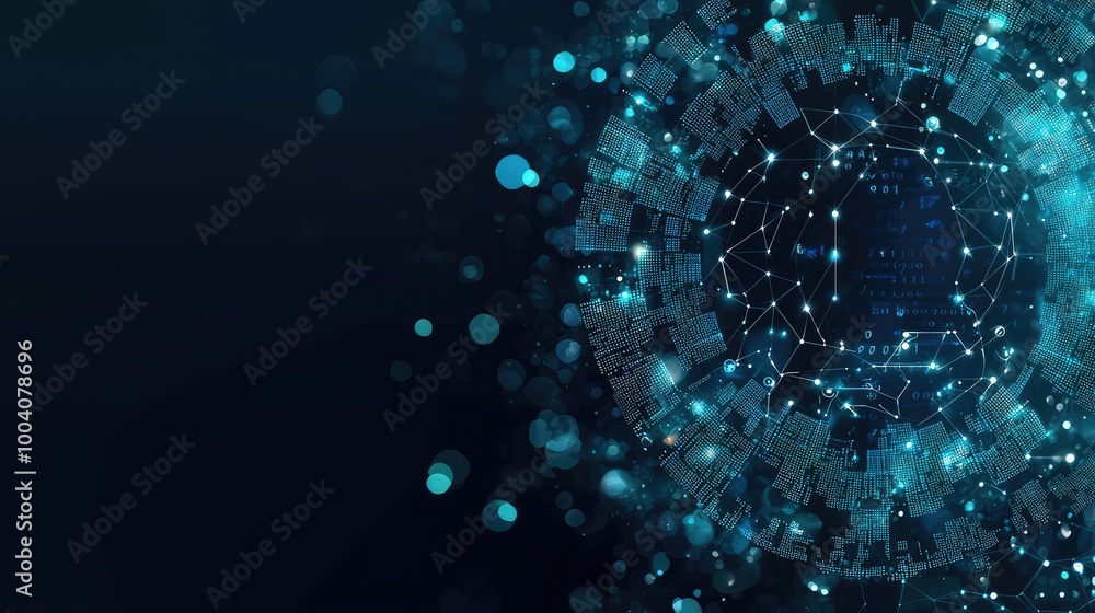 Fototapete The digital backdrop showcases a high-tech environment with blue light effects and data elements, providing a modern platform ideal for software design concepts