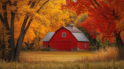 Red Barn Framed by Autumn Trees