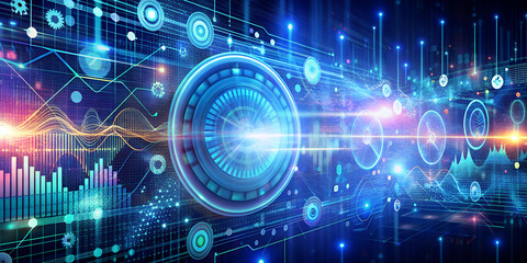 Digital background for audio, video technology with neon and light