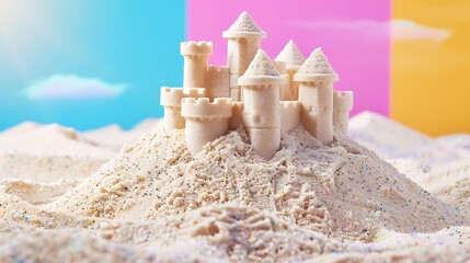 Pile of sand with beautiful castle isolated on colorful background