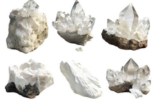 Clear quartz crystals, white mineral clusters, raw gemstones, geological specimens, natural rock formations, translucent crystalline structures, rough crystal points, hexagonal prisms