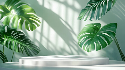 White podium, cosmetic display product stand with blue floor and nature leaves background, podium with leaf palm and green abstract background