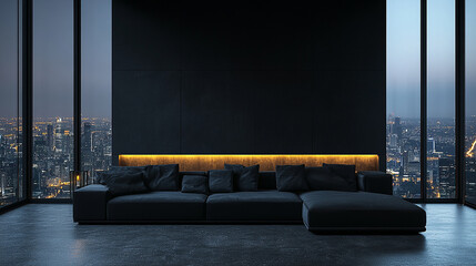 Modern style luxury black living room with city view, There are black terrazzo floor decorated wall with hidden light, furnished with black fabric sofa