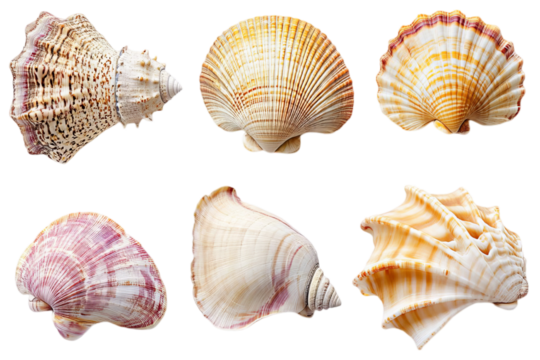 Seashells, various types, detailed macro photography, white background, natural textures, scallop shells, conch shells, spiral patterns, pearlescent colors, beige and pink hues, oceanic specimens - Powered by Adobe