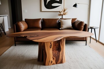 Exotic Wooden Tabletop in Stylish Living Room with Leather Sofa and Minimalist Design