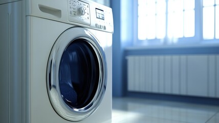 Washing machine in a bright room with natural light, modern home appliance.