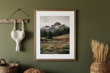 Framed Rustic Landscape Print on Olive Green Wall