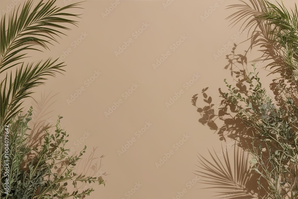 Poster minimalistic abstract light beige background with intricate shadow and vegetation for product presen