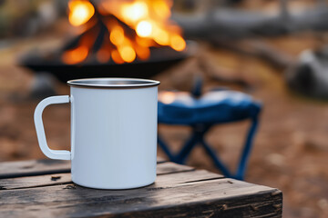 Blank white tin metal enamel mug cup camping campfire outdoor rustic hiking travel bushwalker nomads explorer wilderness adventure coffee tea warmth cozy