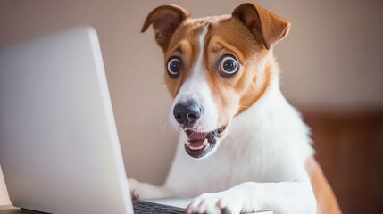 Confused dog working on laptop with surprised expression and wide eyes
