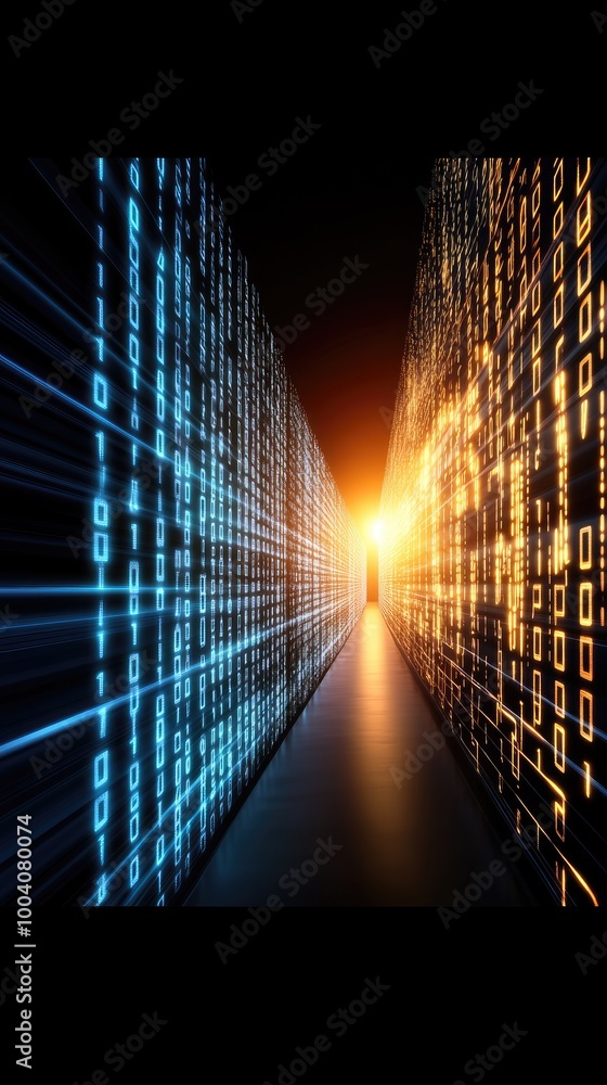 Fototapete The digital backdrop showcases a high-tech environment with blue light effects and data elements, providing a modern platform ideal for software design concepts