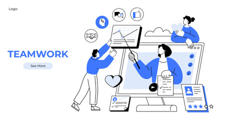 Three individuals engage in teamwork with digital tools, charts, and documents on a large screen. Ideal for business, collaboration, productivity, remote work, digital marketing