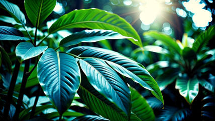 Obraz premium Collection of tropical leaves,foliage plant in blue color with space background