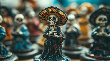 Obraz premium Celebrating Day of the Dead with colorful skeleton figurines at a festive market