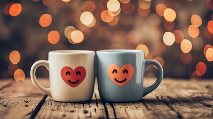 Obraz premium Two happy cups on wood table with heart bokeh background