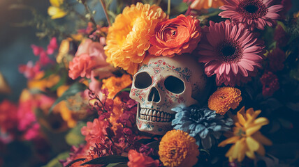 Celebrating Day of the Dead with a vibrant skull adorned in flowers and colorful arrangements